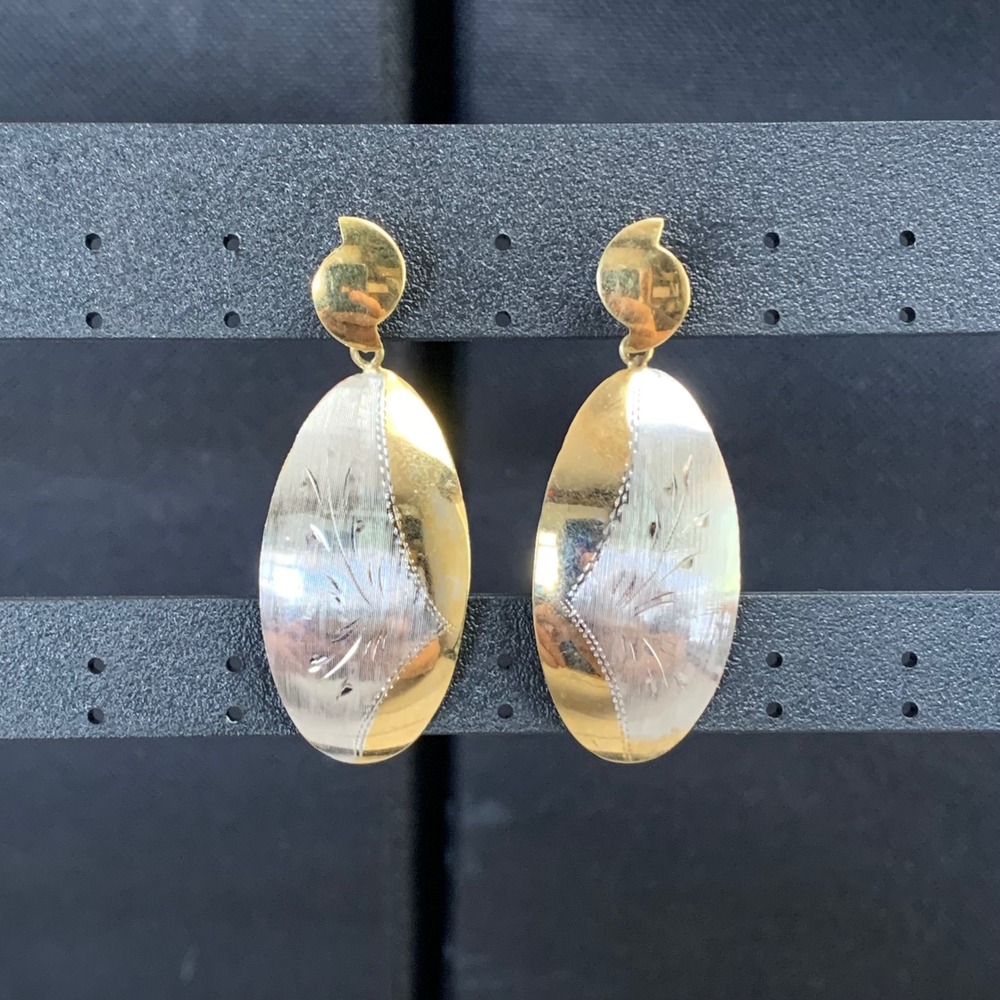 Vintage Two Tone Gold Silver Oval Drop Earrings Etched Floral Design 4637
